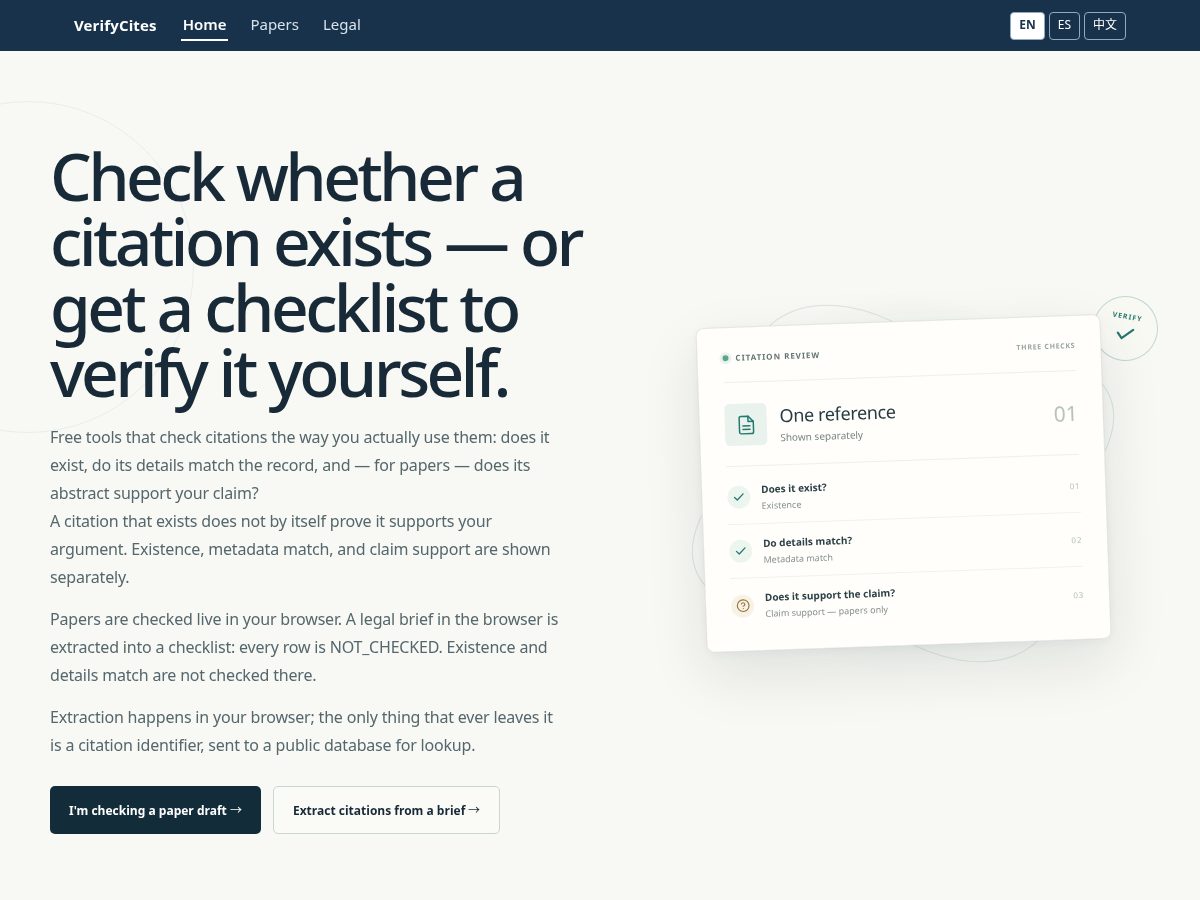 Landing-page snapshot of verifycites.com