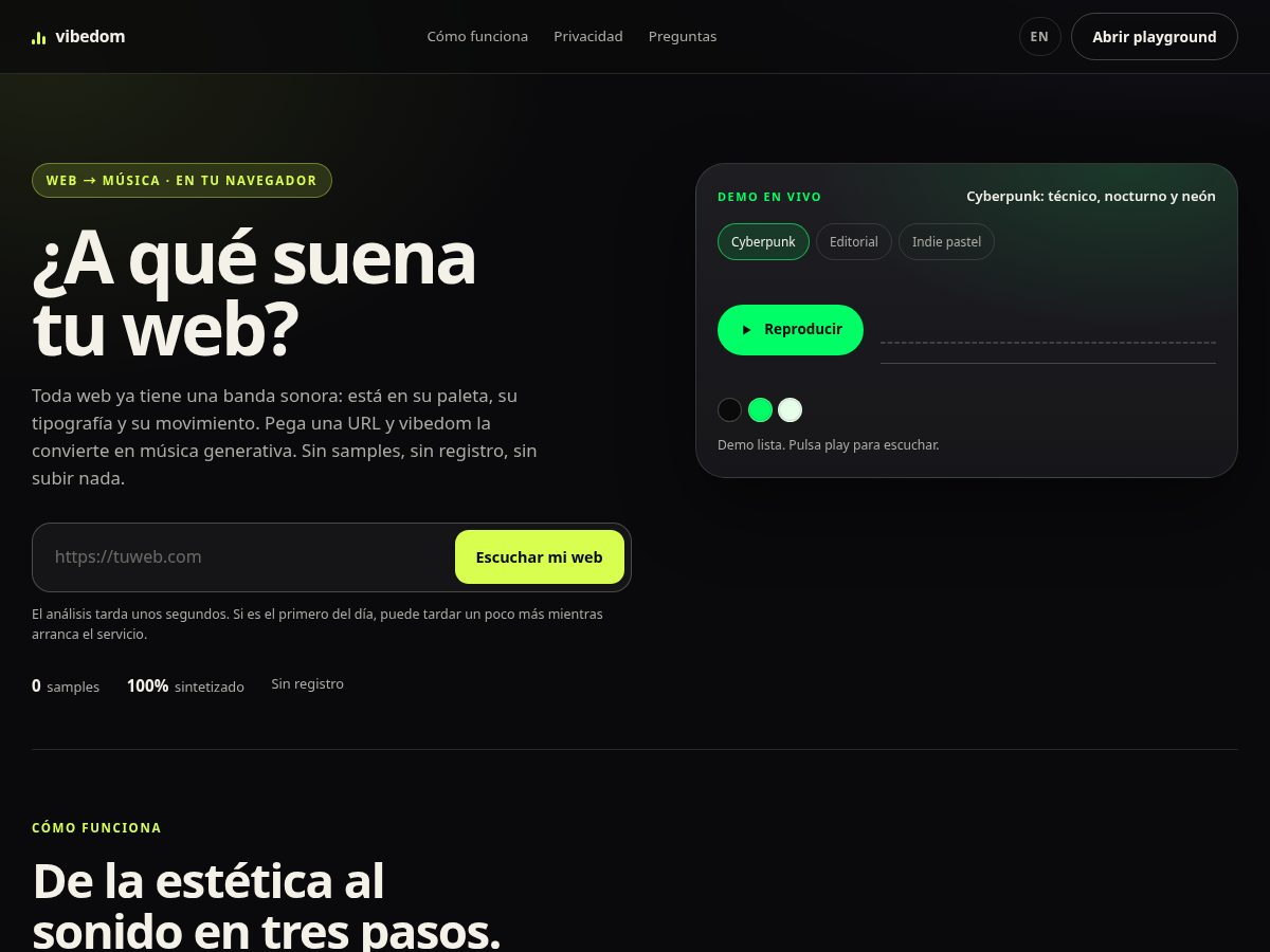 Landing-page snapshot of vibedom.dev