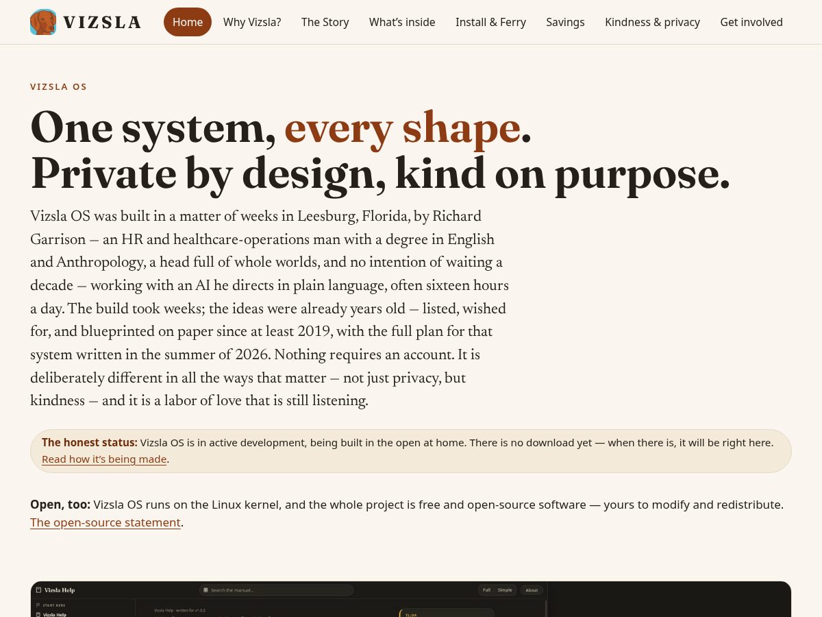 Landing-page snapshot of vizslaos.com
