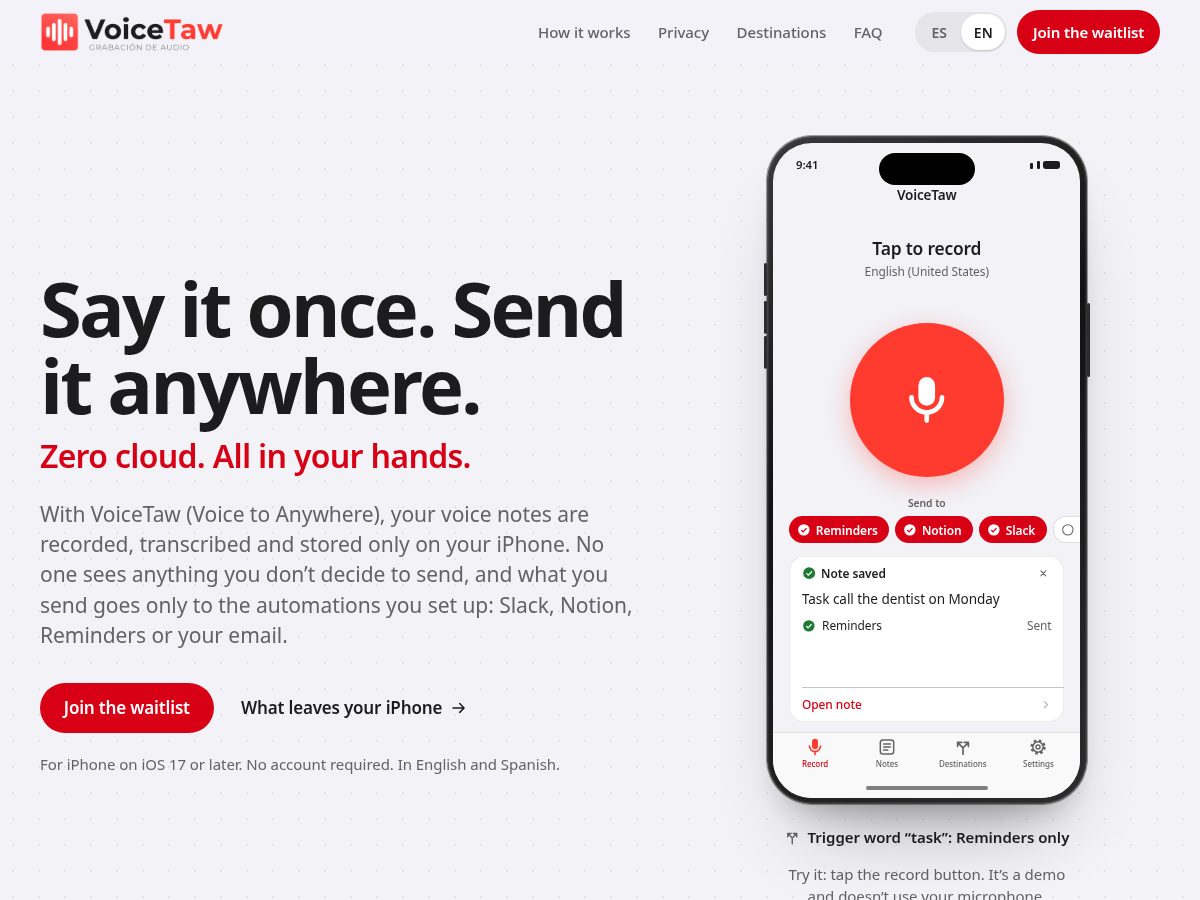 Landing-page snapshot of voicetaw.com