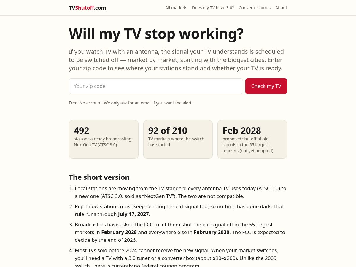 Landing-page snapshot of willmytvstopworking.com