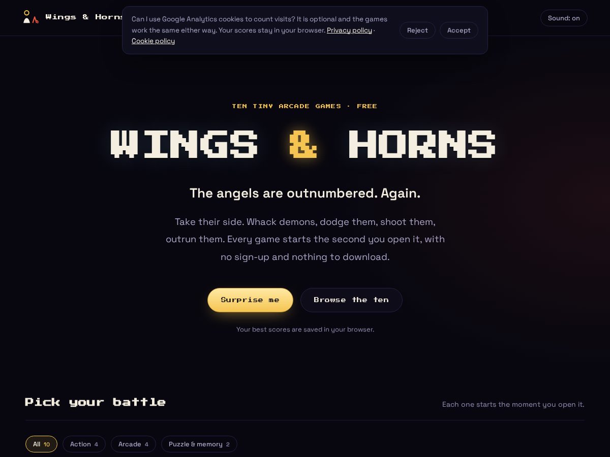 Landing-page snapshot of wingsandhornsgames.com