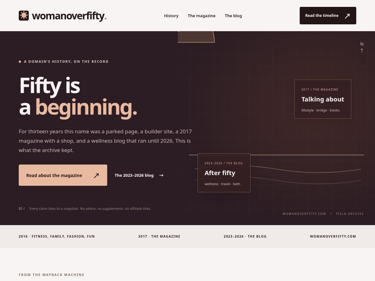 Landing-page snapshot of womanoverfifty.com