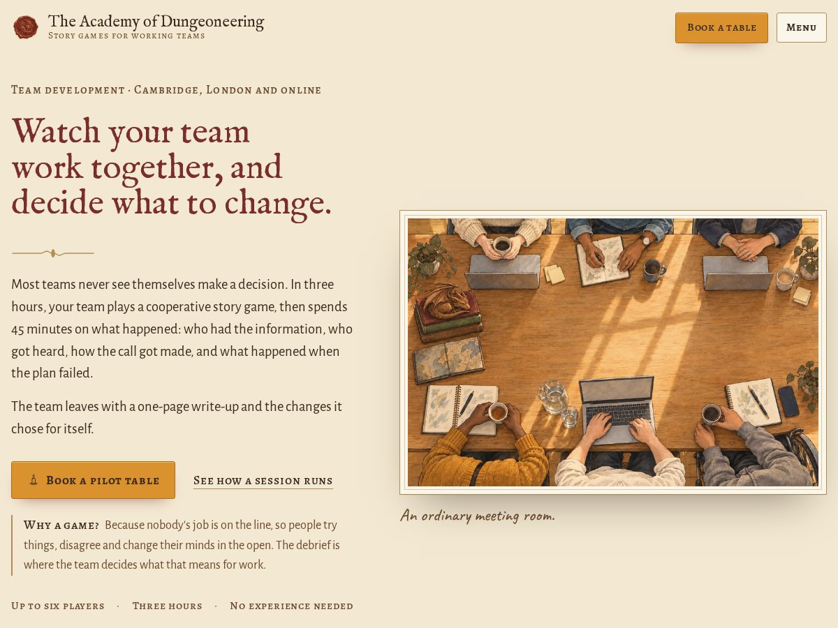 Landing-page snapshot of academyofdungeoneering.com