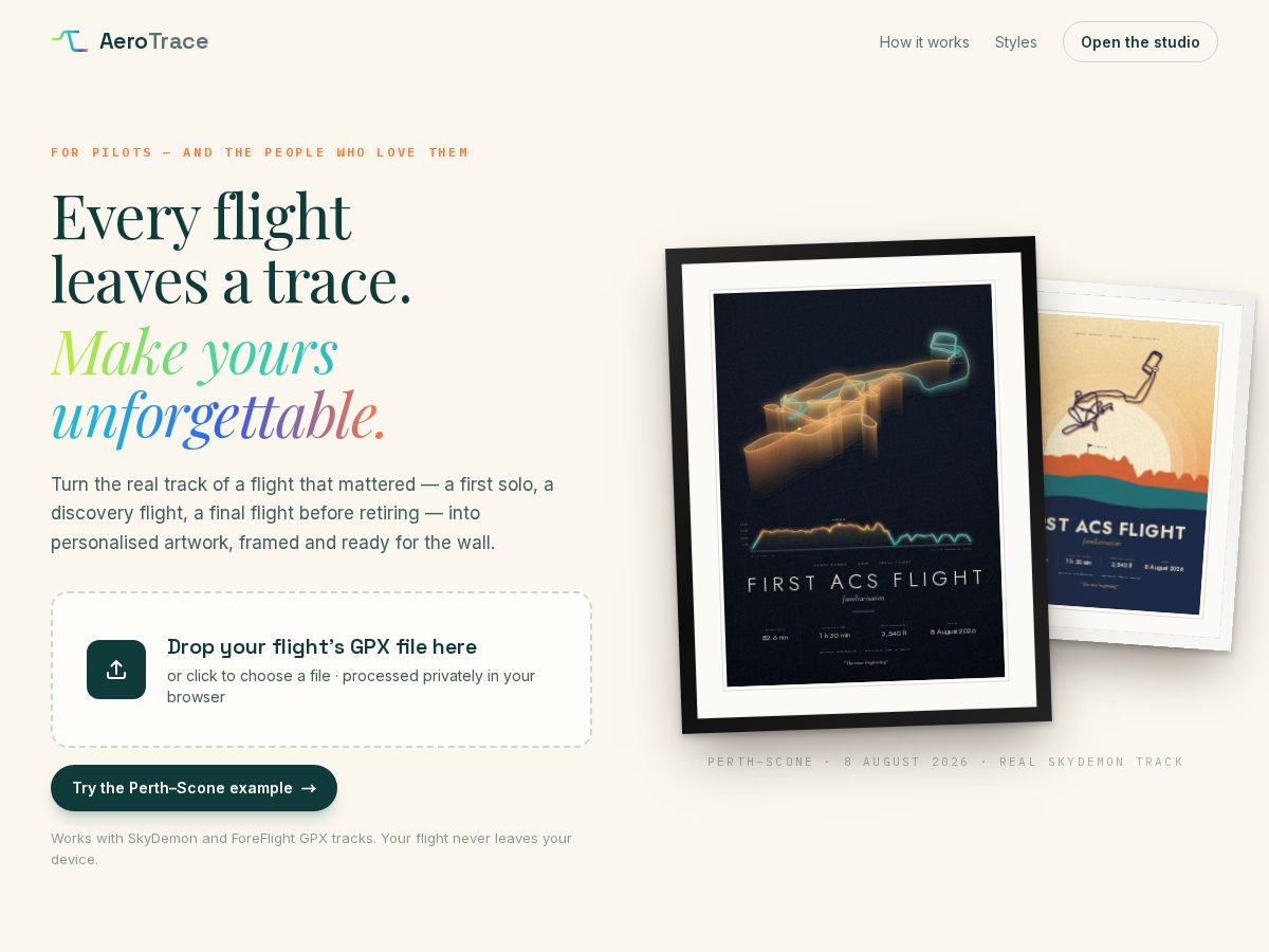 Landing-page snapshot of aerotrace.art
