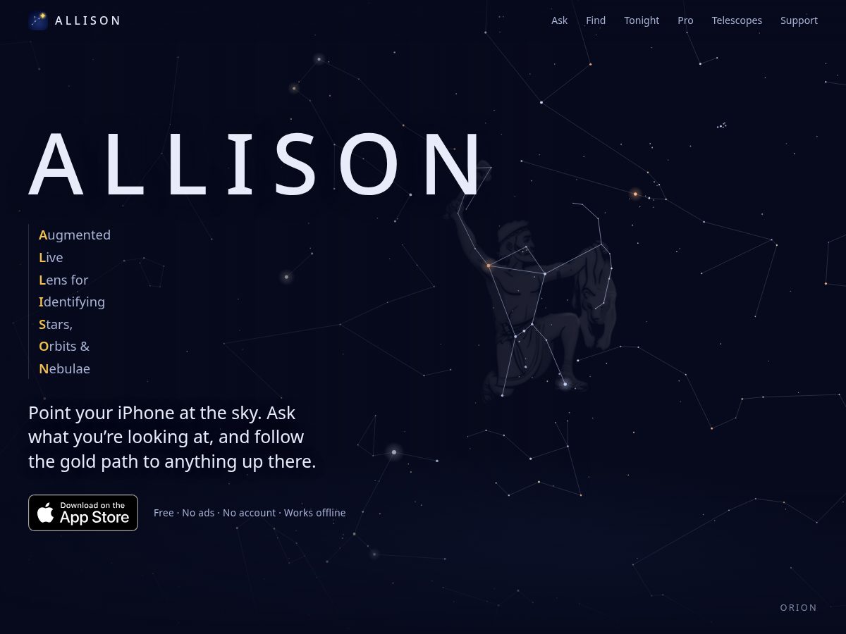 Landing-page snapshot of allisonastronomy.com
