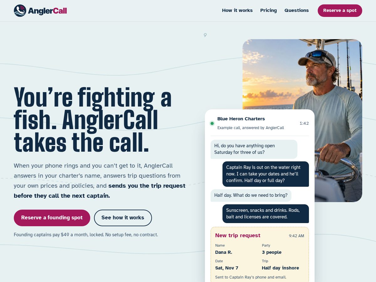 Landing-page snapshot of anglercall.com