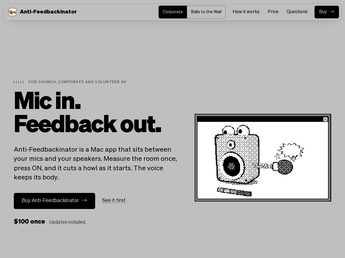 Landing-page snapshot of antifeedbackinator.com