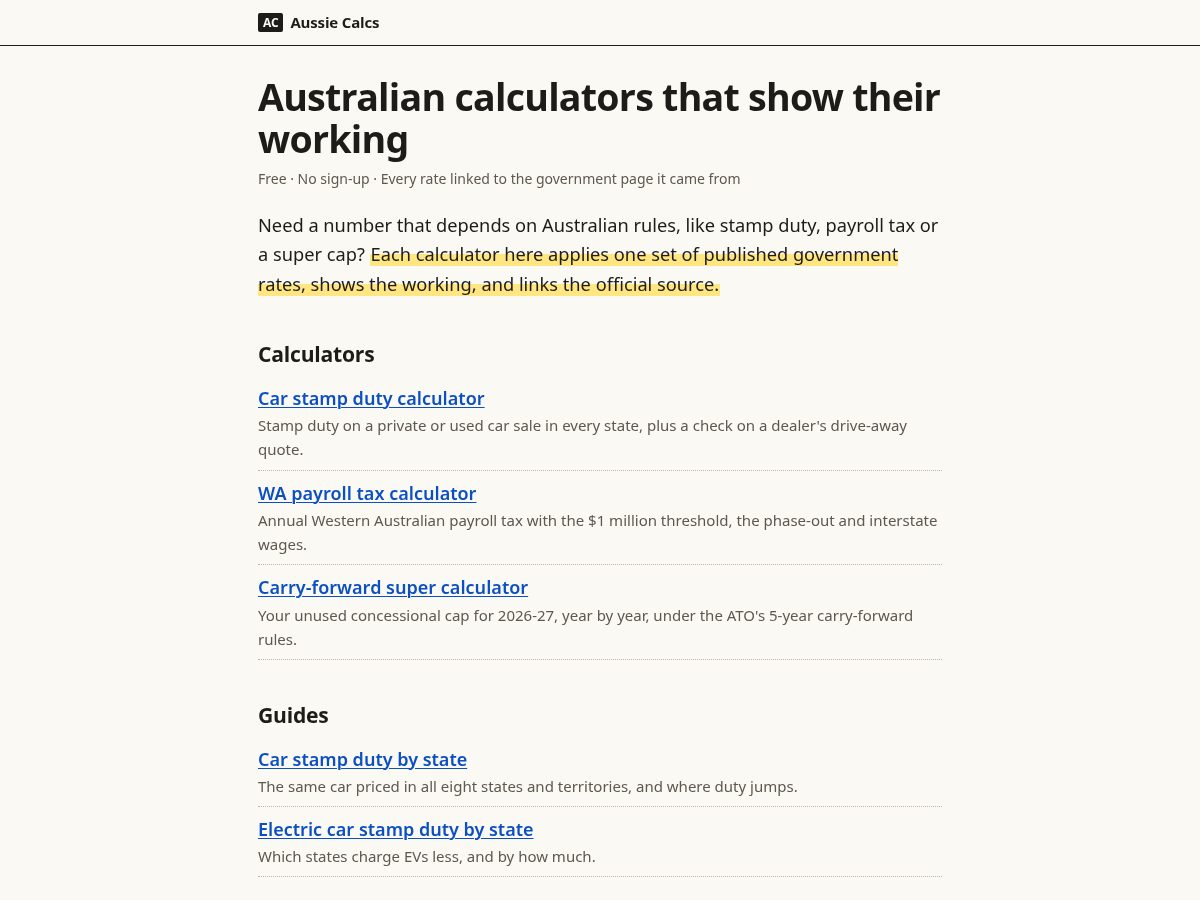Landing-page snapshot of aussiecalcs.com