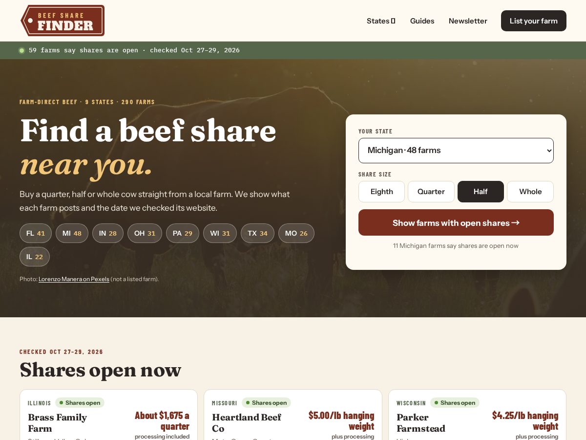 Landing-page snapshot of beefsharefinder.com