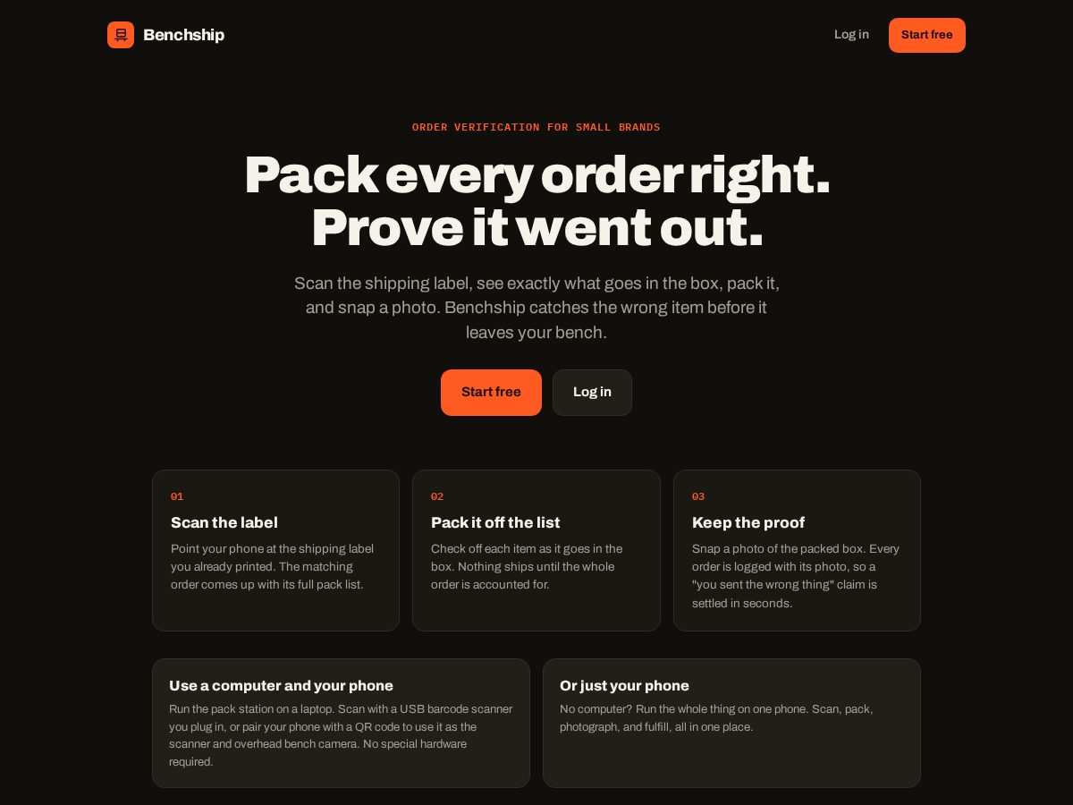 Landing-page snapshot of benchship.com