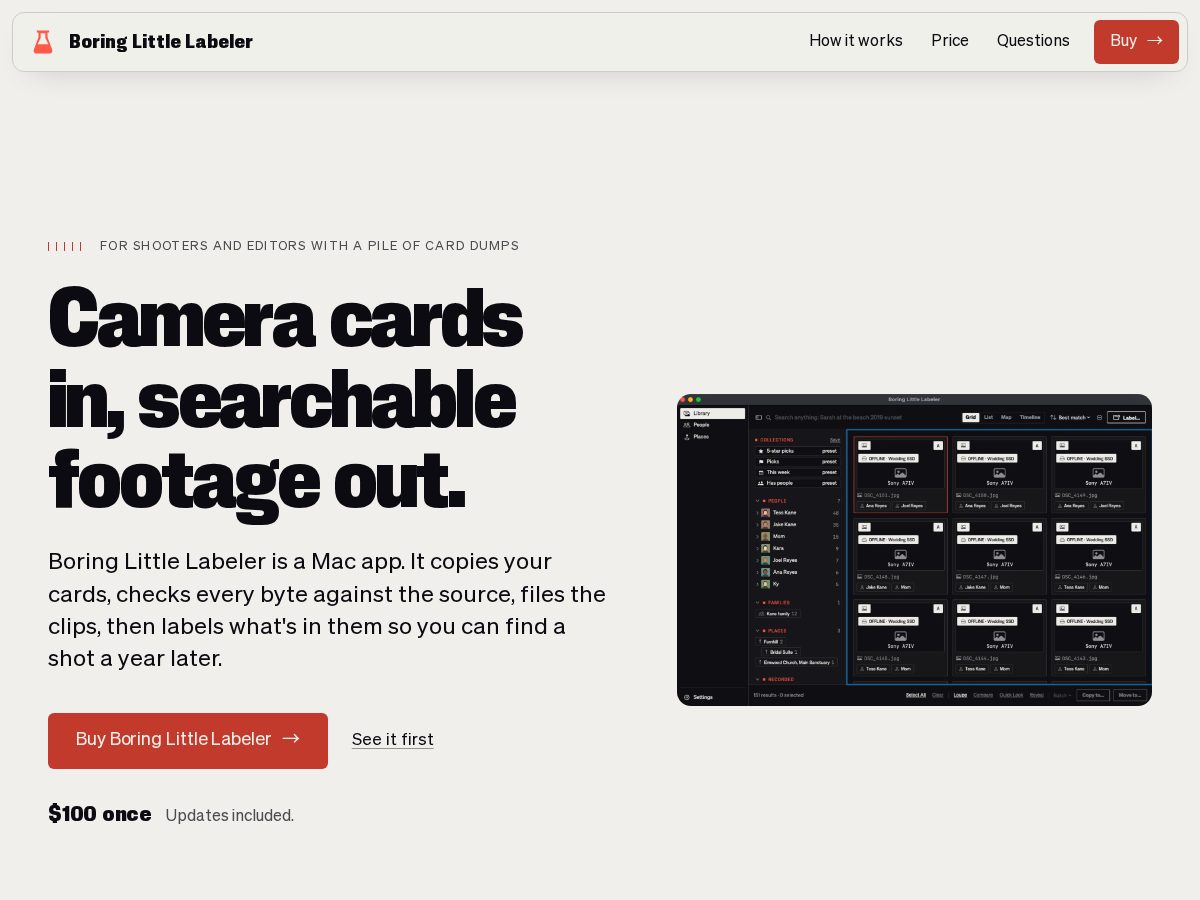 Landing-page snapshot of boringlittlelabeler.com
