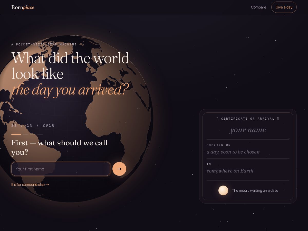 Landing-page snapshot of bornplace.app