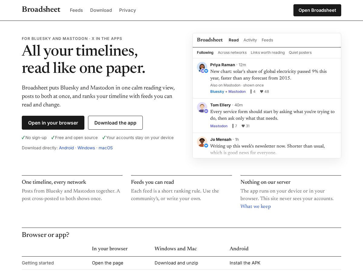 Landing-page snapshot of broadsheet.social