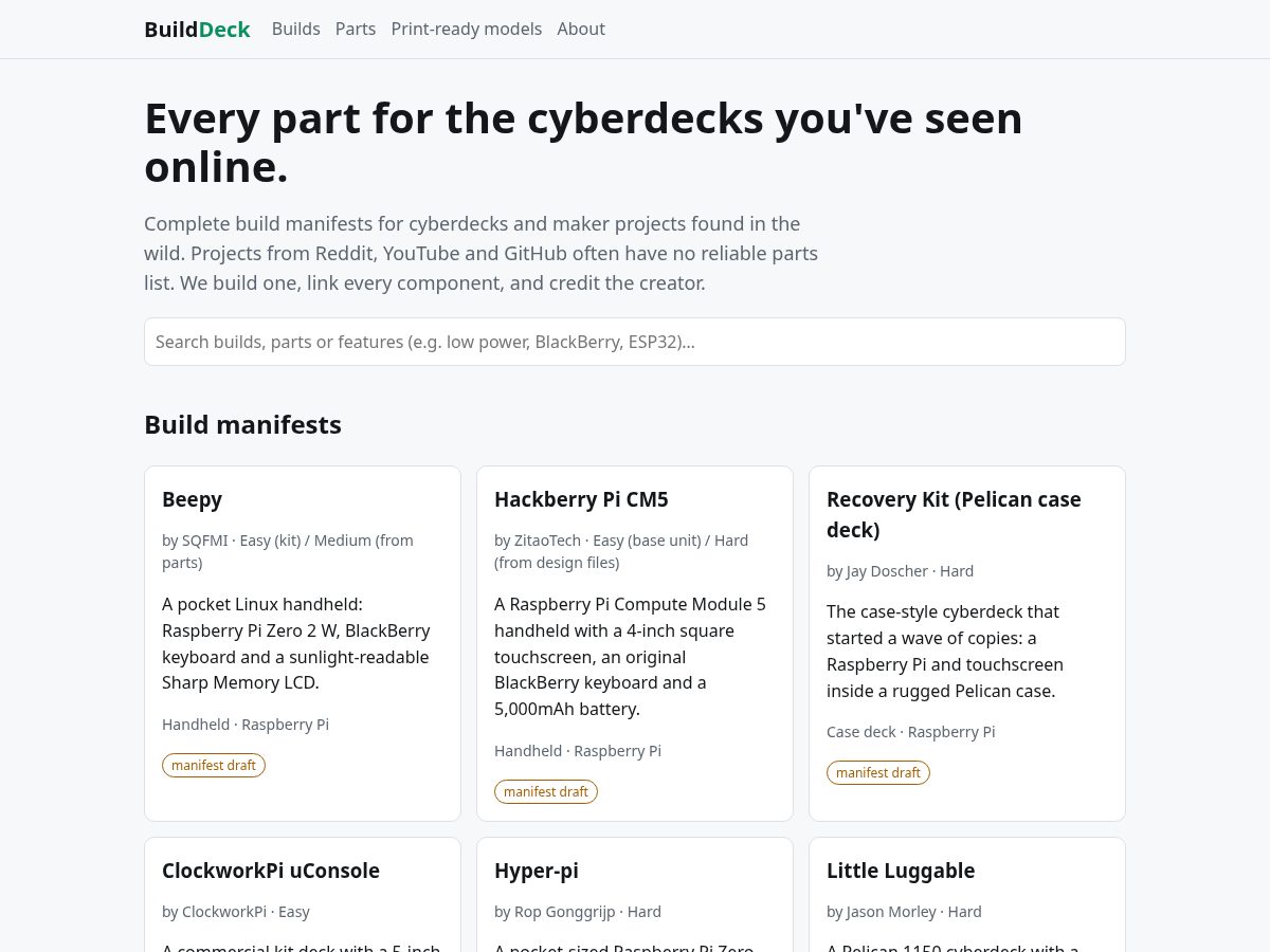 Landing-page snapshot of builddeck.dev