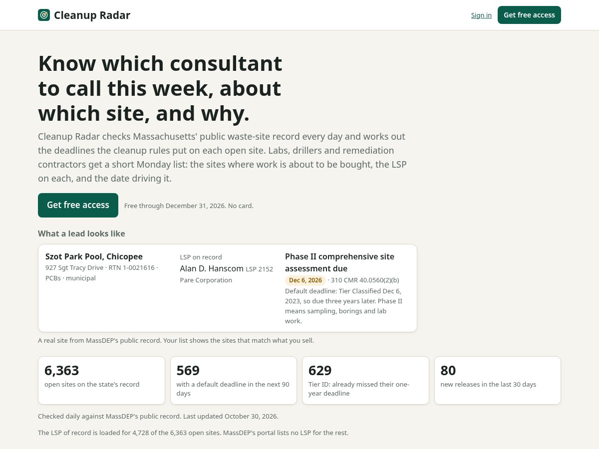 Landing-page snapshot of cleanupradar.com