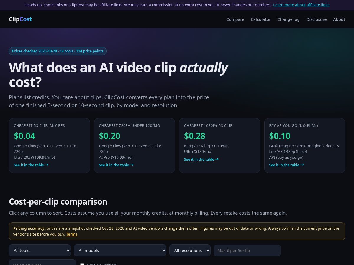 Landing-page snapshot of clipcosts.com