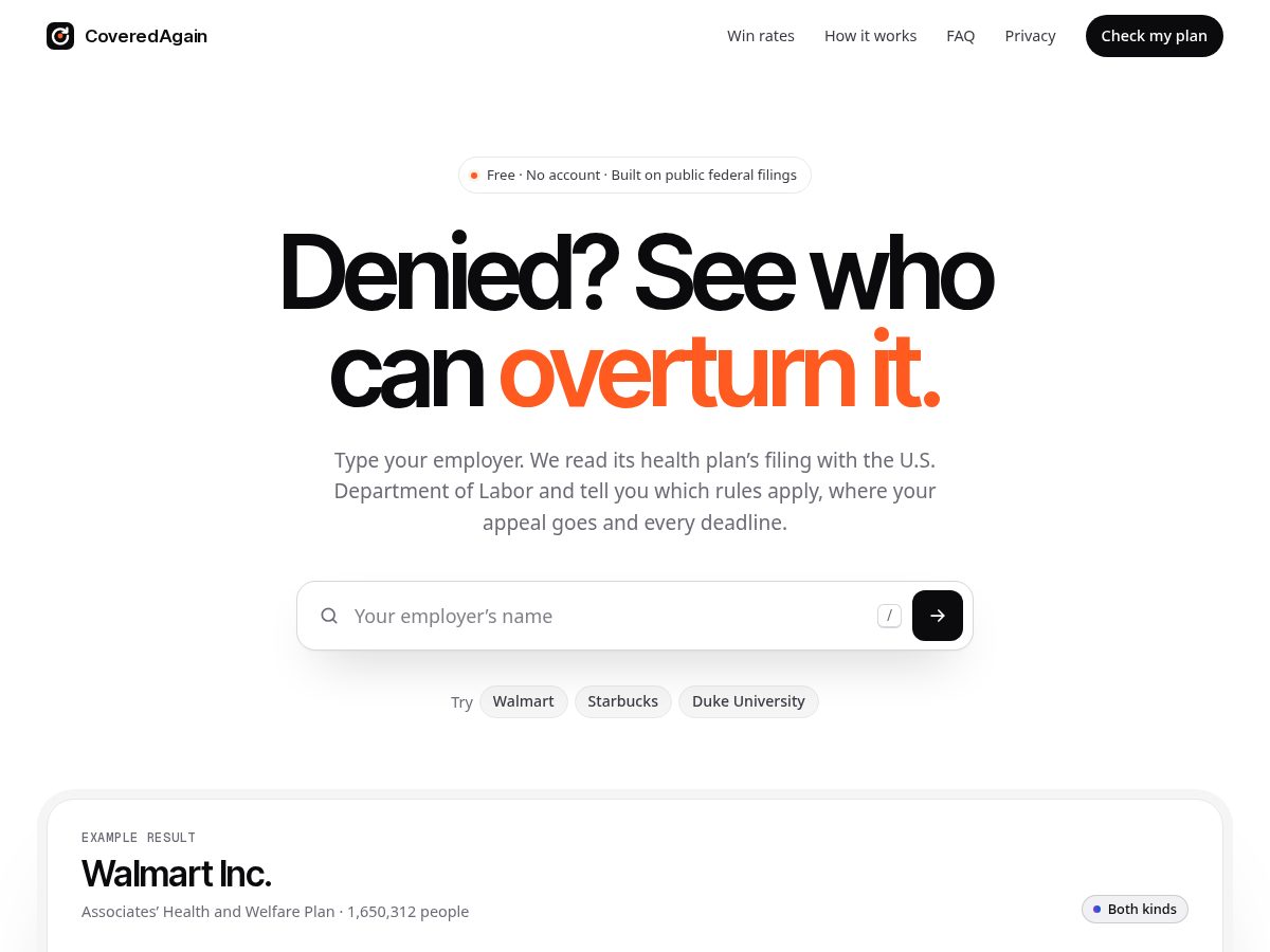 Landing-page snapshot of coveredagain.com