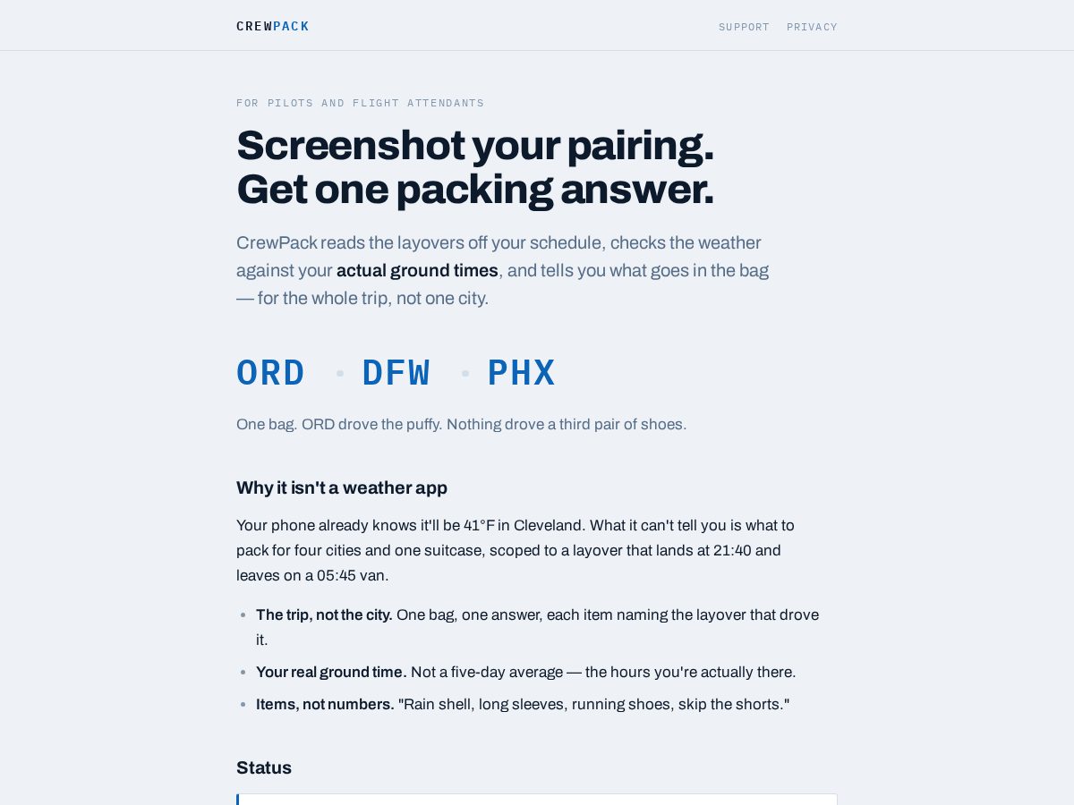 Landing-page snapshot of crewpack.app