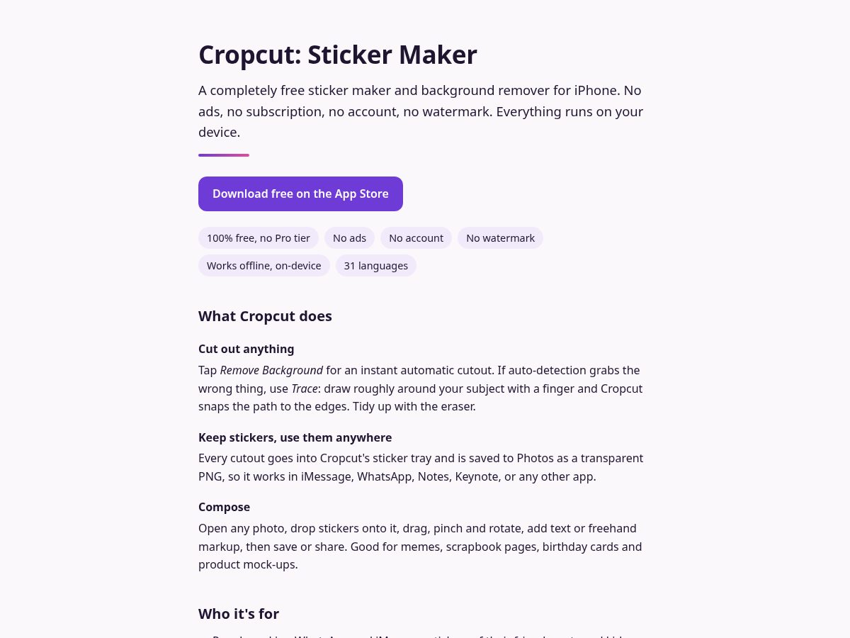 Landing-page snapshot of cropcut.app