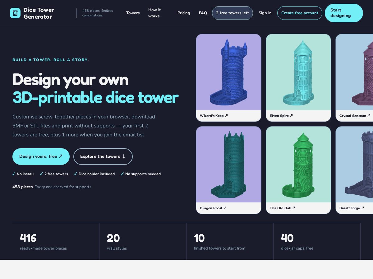 Landing-page snapshot of dicetowergenerator.com