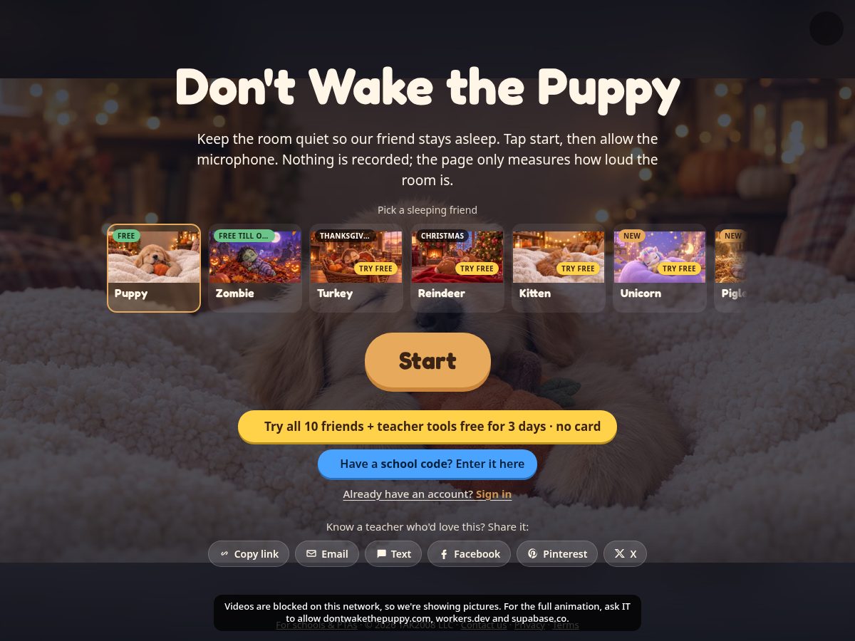 Landing-page snapshot of dontwakethepuppy.com