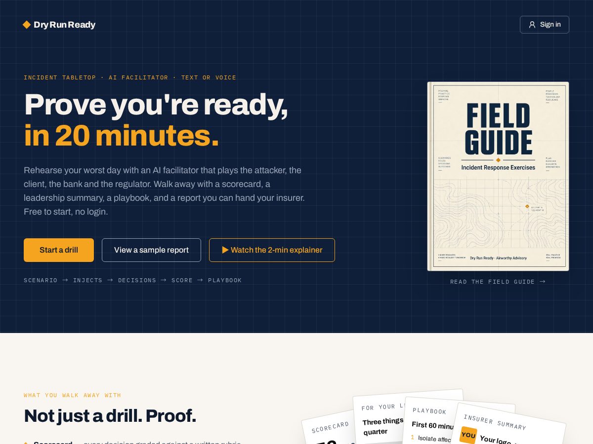 Landing-page snapshot of dryrunready.com