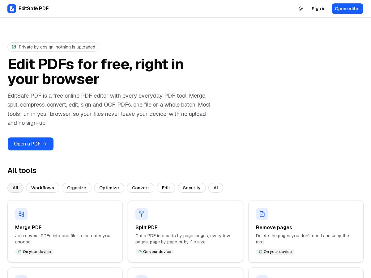 Landing-page snapshot of editsafepdf.com