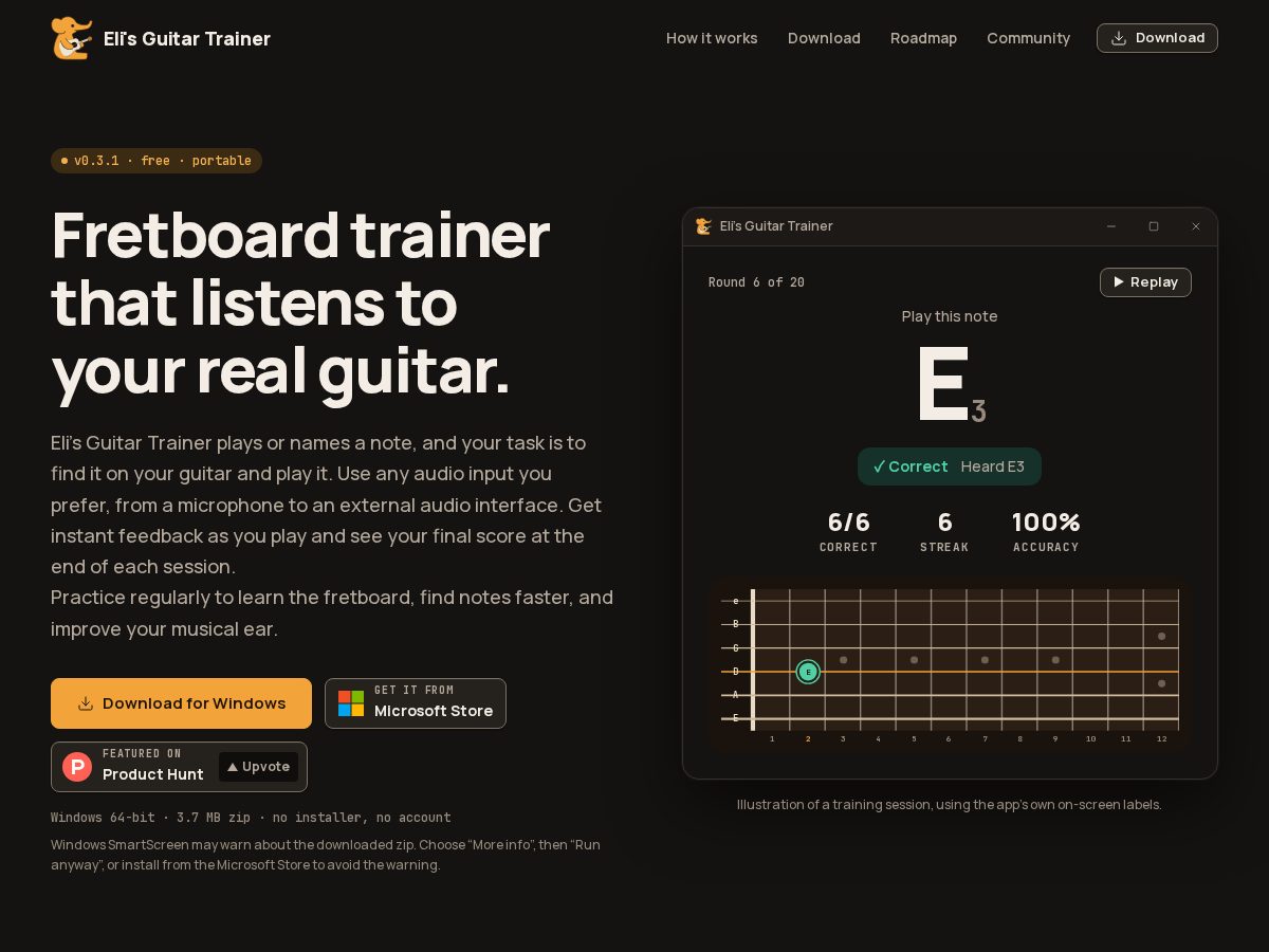 Landing-page snapshot of elisguitartrainer.app