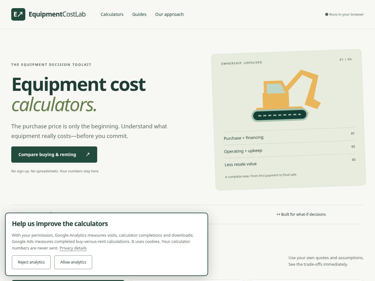 Landing-page snapshot of equipmentcostlab.com