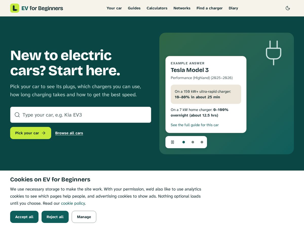 Landing-page snapshot of evforbeginners.com