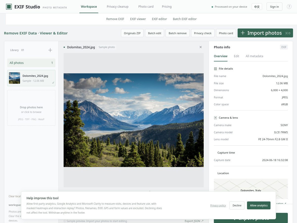 Landing-page snapshot of exifdesk.com
