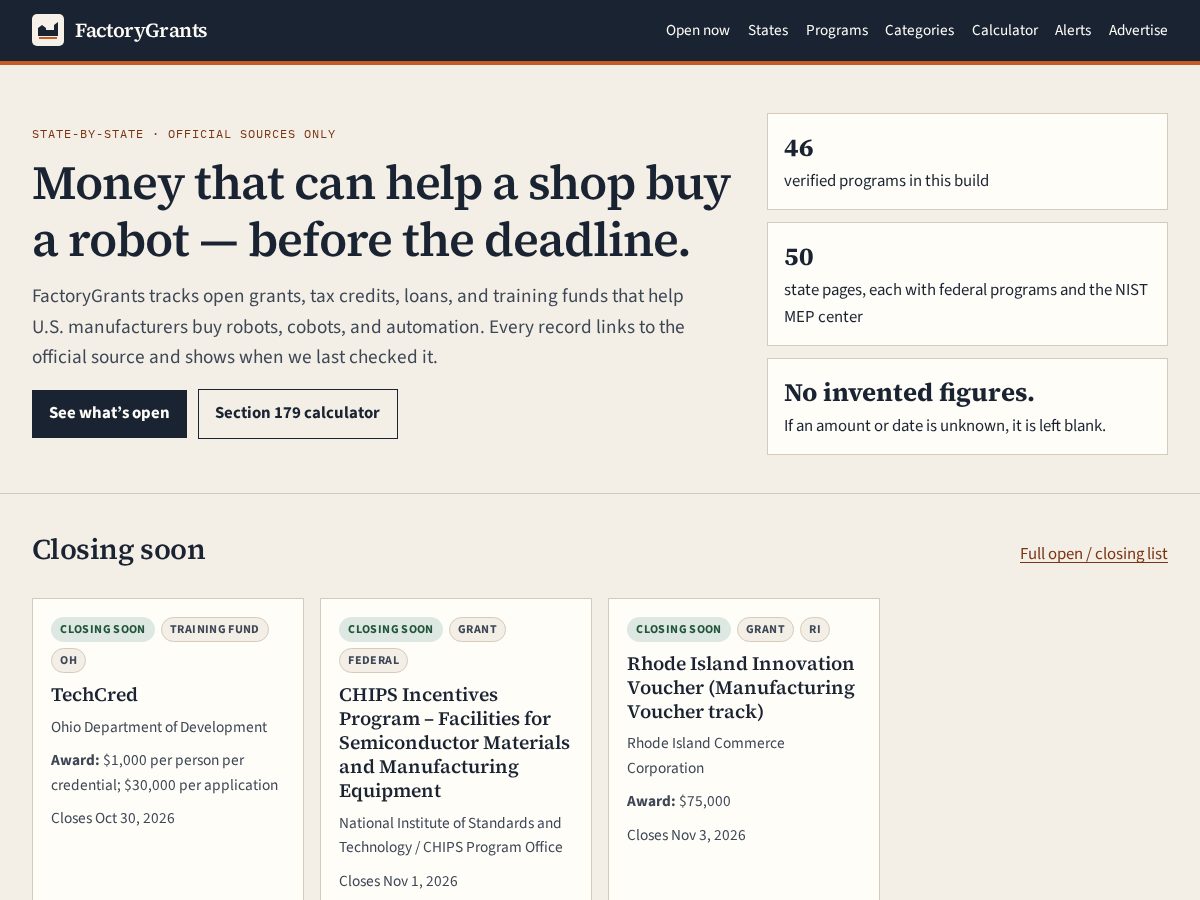 Landing-page snapshot of factorygrants.com