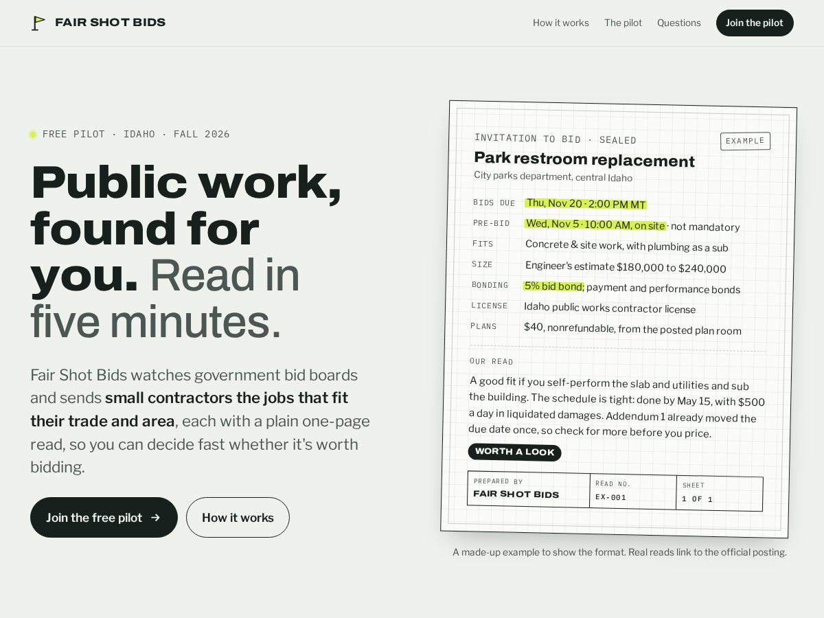 Landing-page snapshot of fairshotbids.com