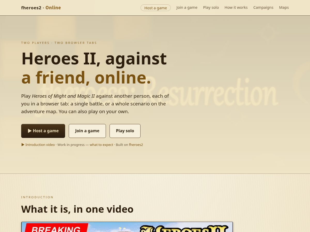 Landing-page snapshot of fheroes2-online.com