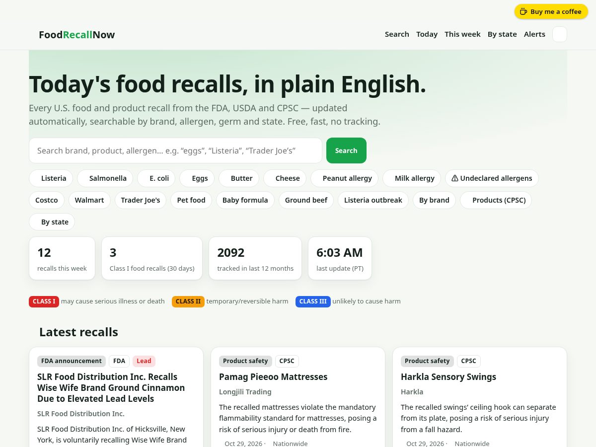 Landing-page snapshot of foodrecallnow.com