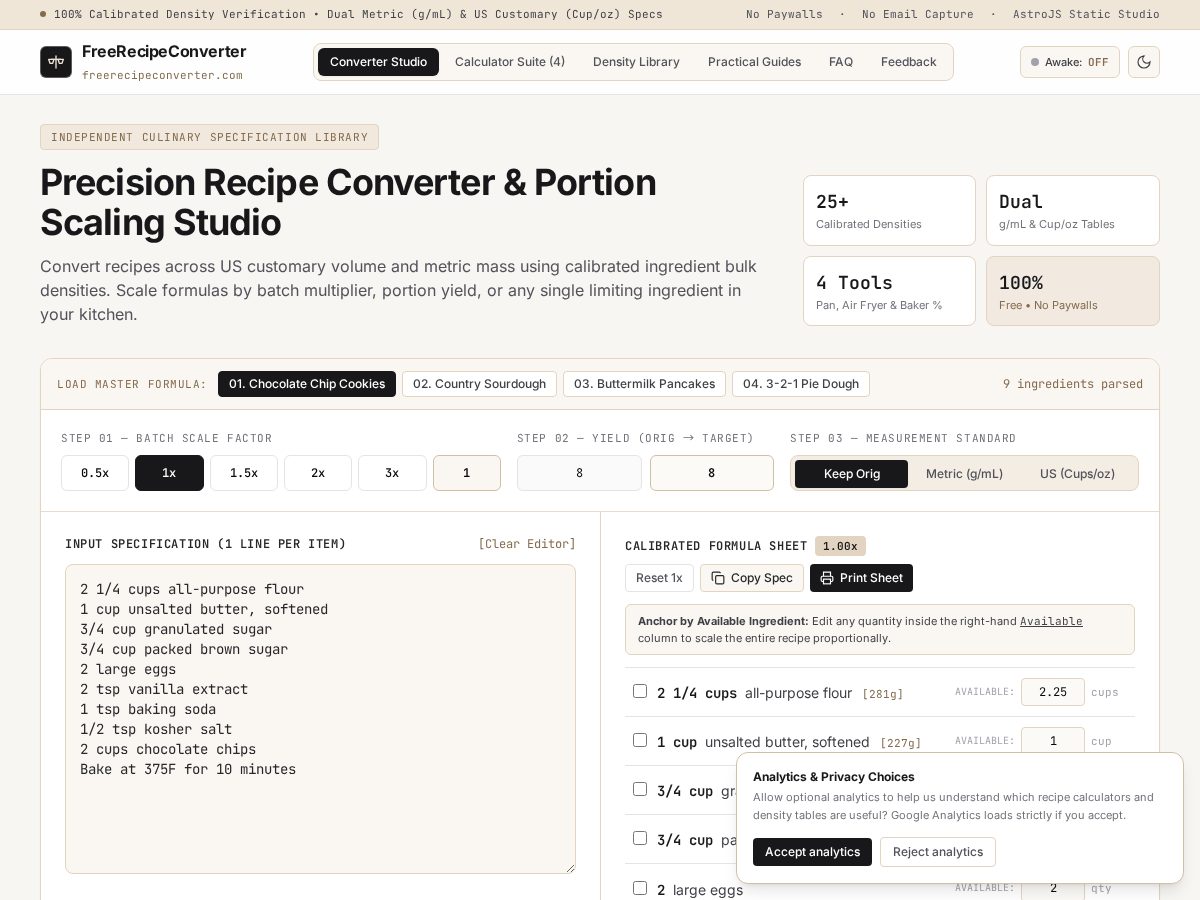 Landing-page snapshot of freerecipeconverter.com