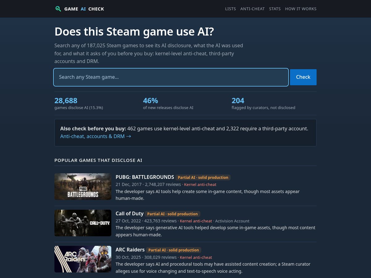 Landing-page snapshot of gameaicheck.com