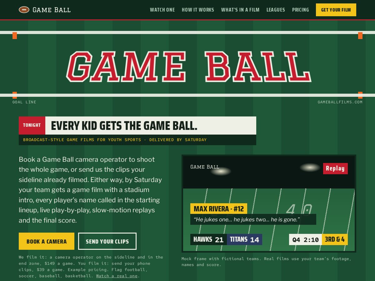 Landing-page snapshot of gameballfilms.com