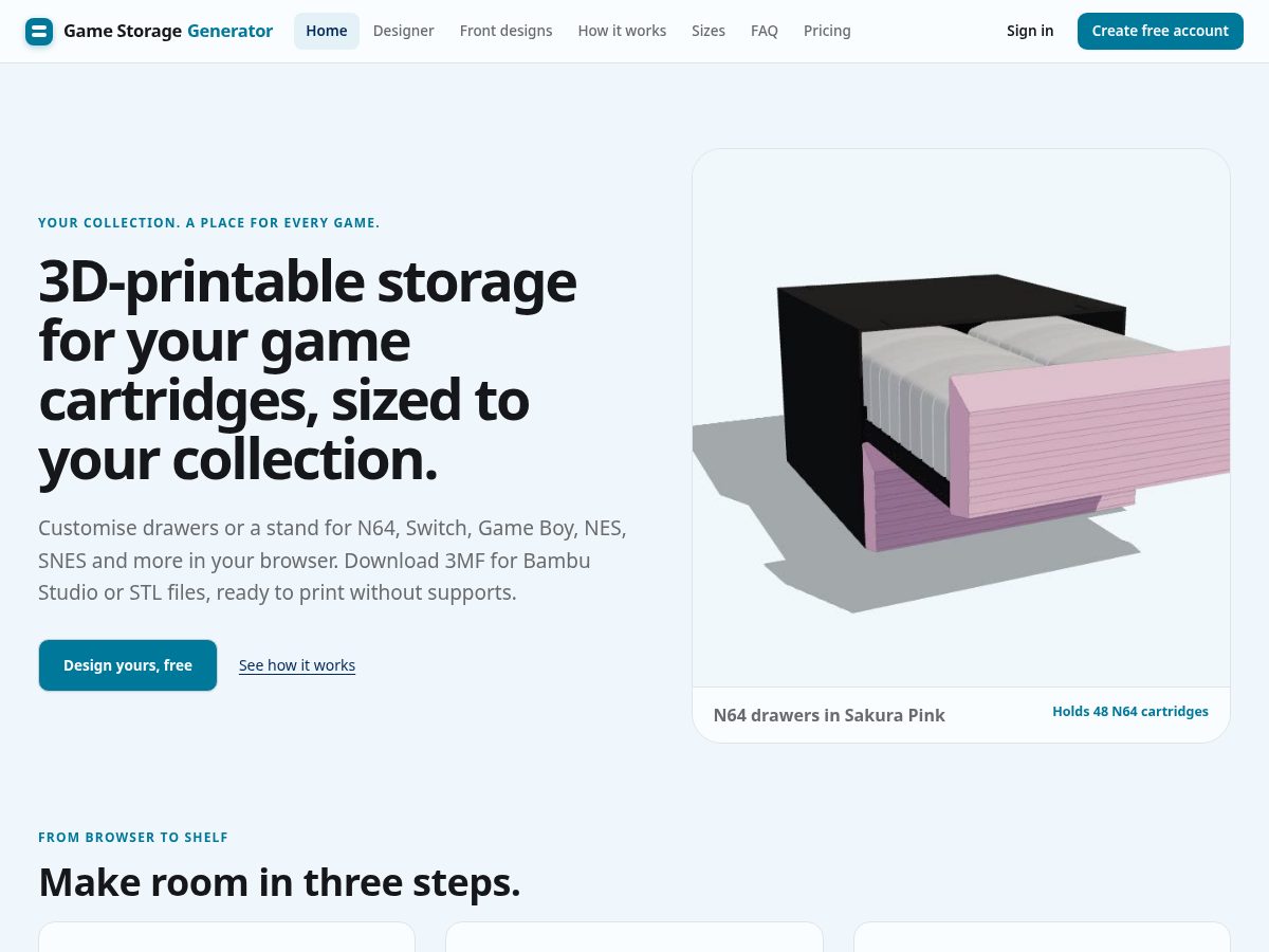 Landing-page snapshot of gamestoragegenerator.com