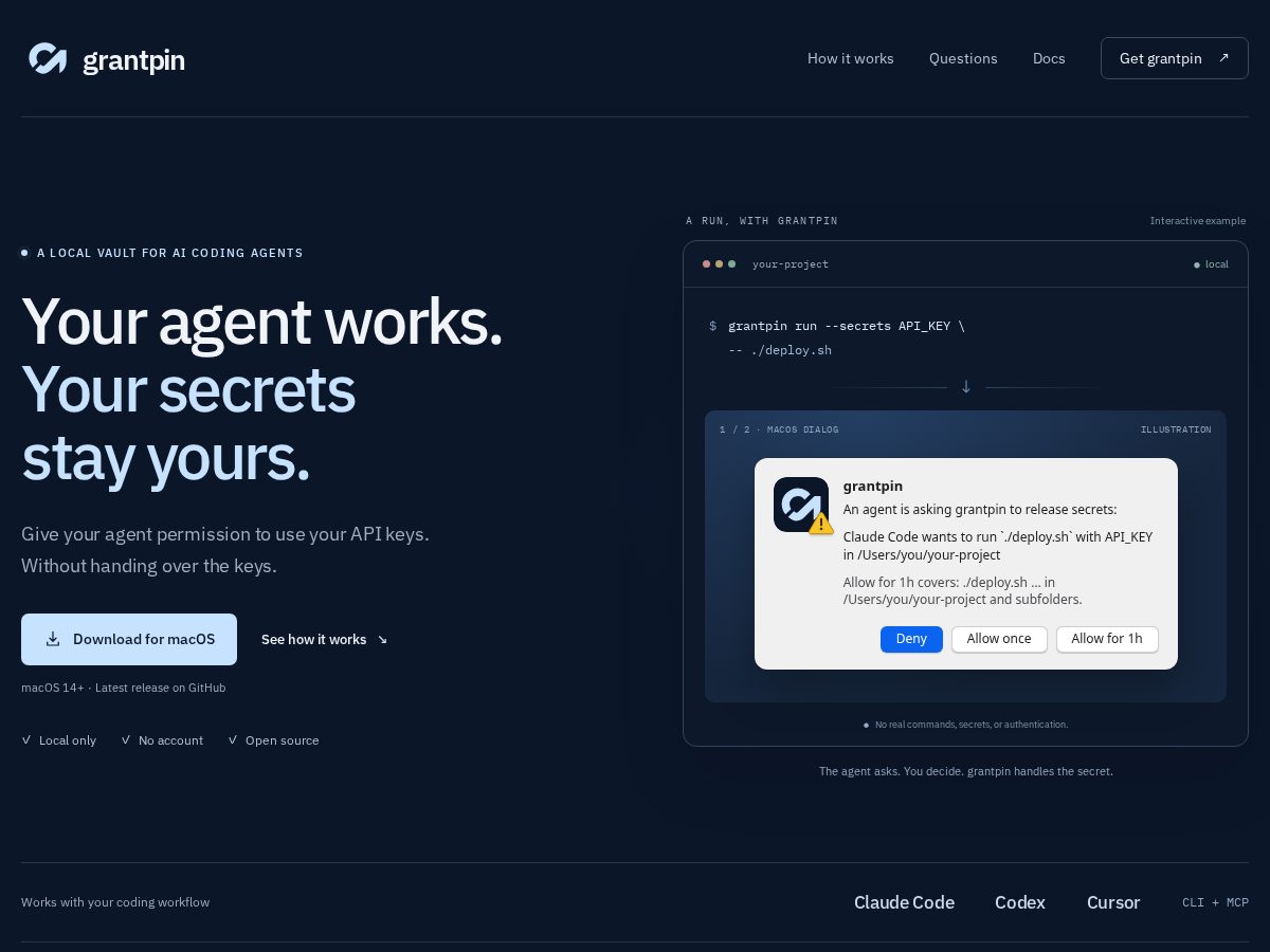 Landing-page snapshot of grantpin.dev