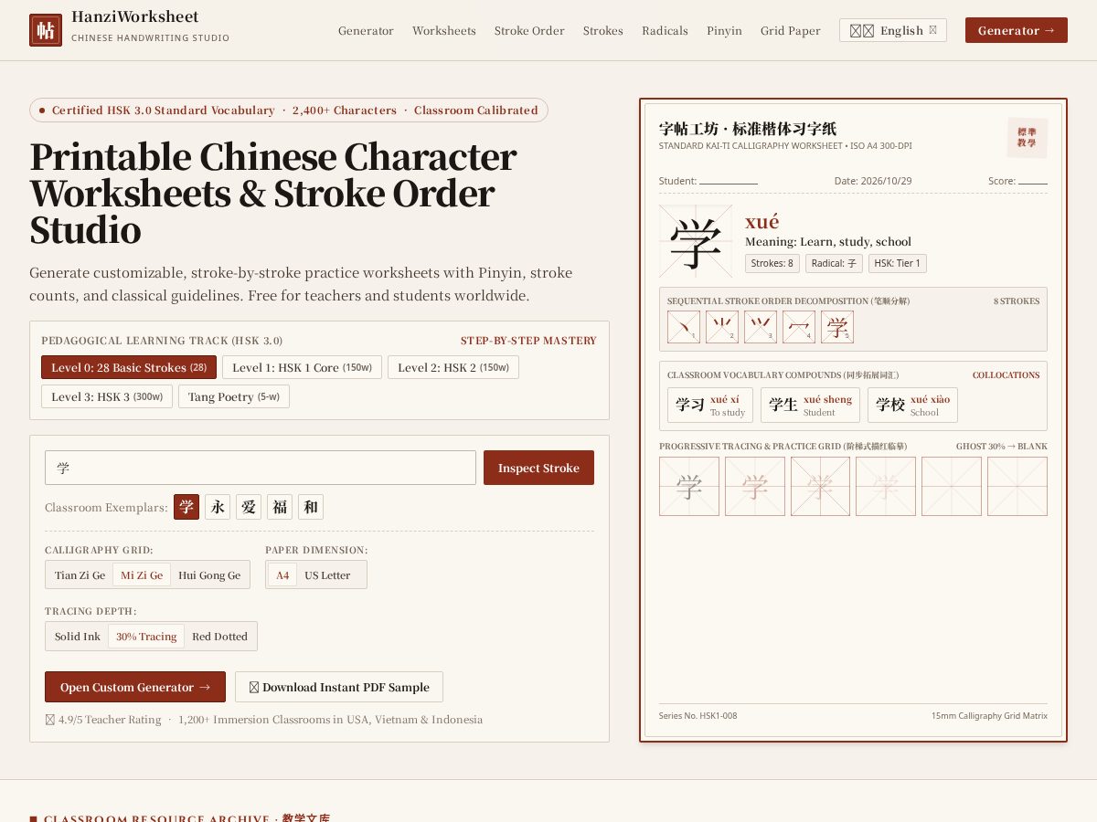 Landing-page snapshot of hanziworksheet.com