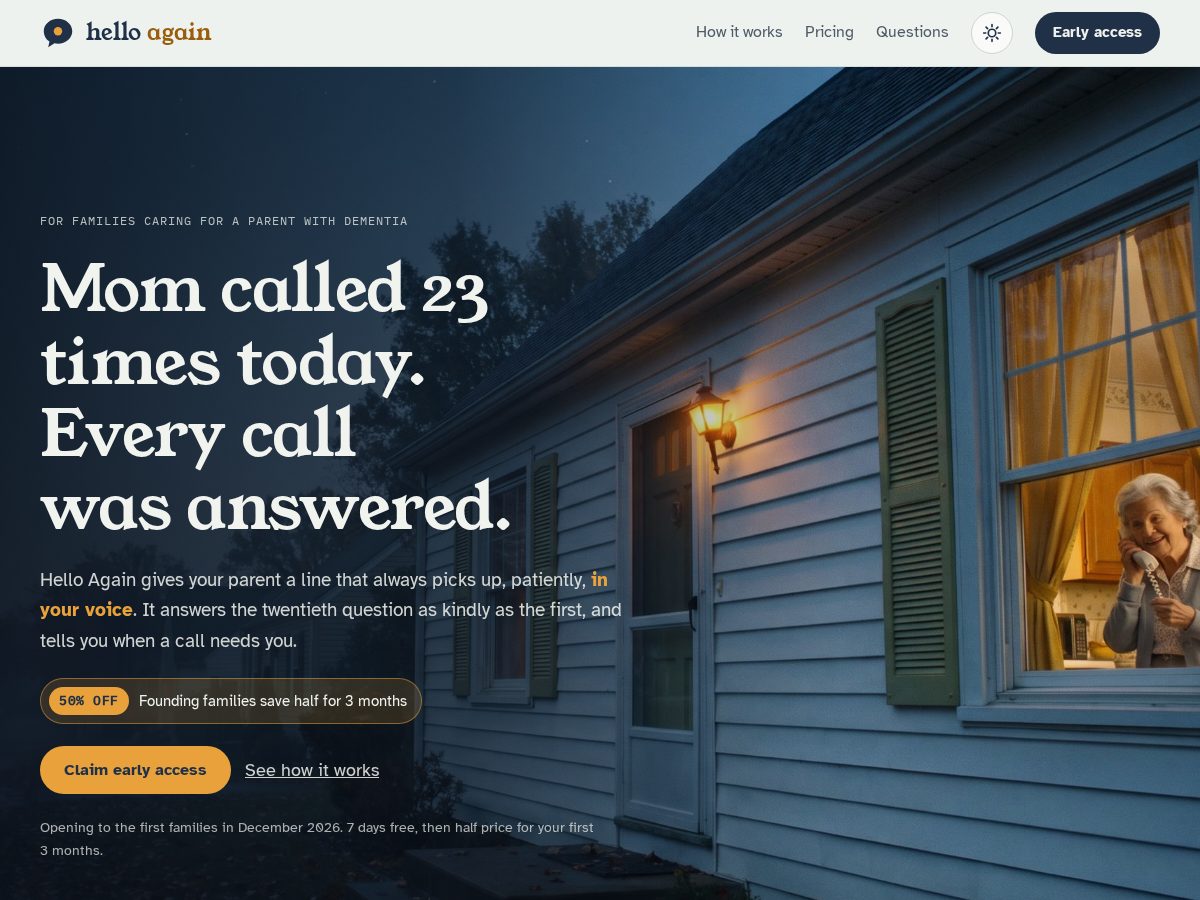 Landing-page snapshot of helloagain.care