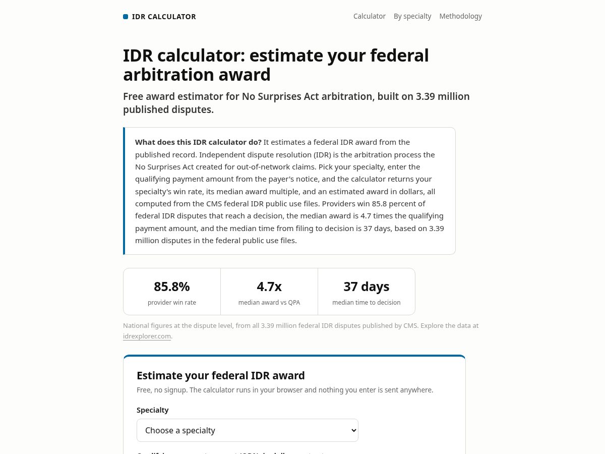 Landing-page snapshot of idrcalculator.com
