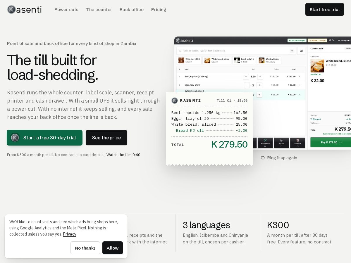 Landing-page snapshot of kasenti.com