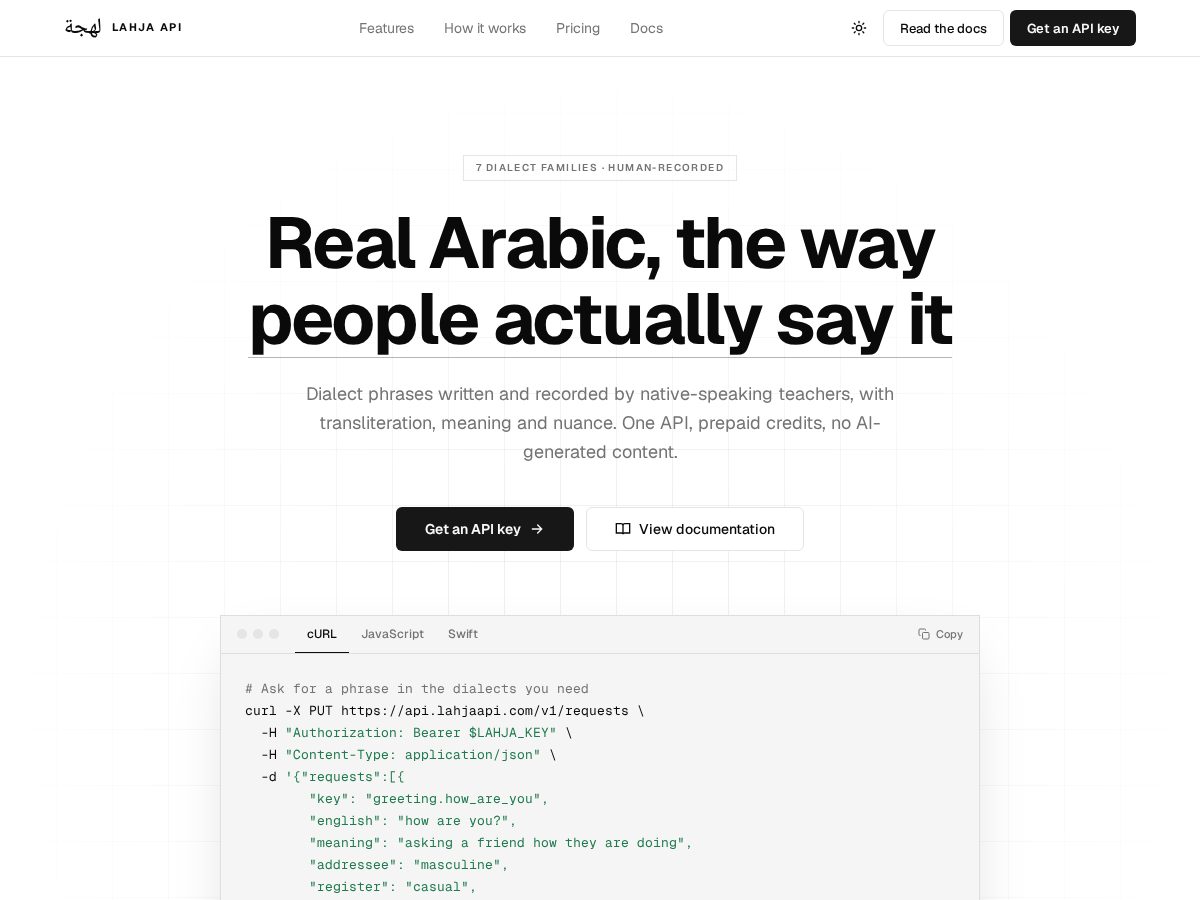 Landing-page snapshot of lahjaapi.com