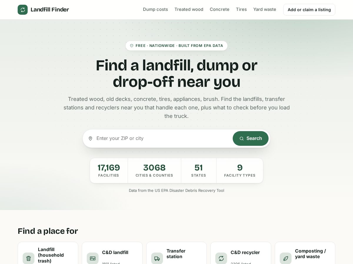 Landing-page snapshot of landfillfinder.com