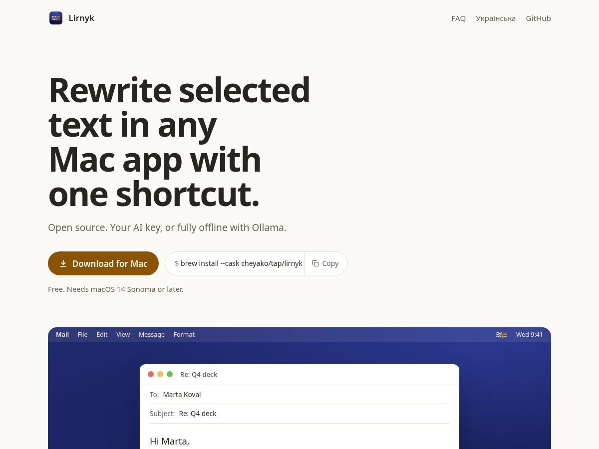 Landing-page snapshot of lirnyk.app