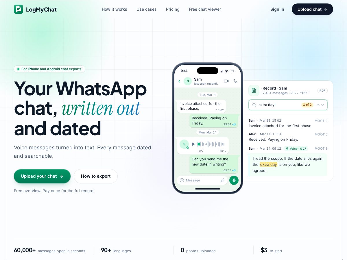 Landing-page snapshot of logmychat.com
