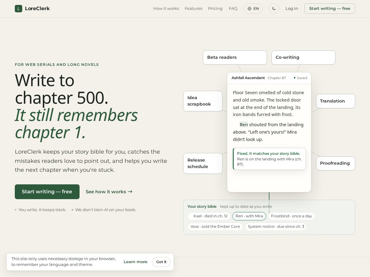 Landing-page snapshot of loreclerk.com